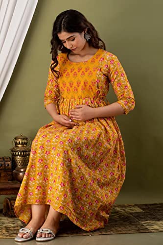 Image of Vinny's Creation Women's Cotton Maternity Kurti | Floral Printed Feeding Kurta with Hidden Zipper | Stylish Pregnancy Gown & Nursing Dress for Womens