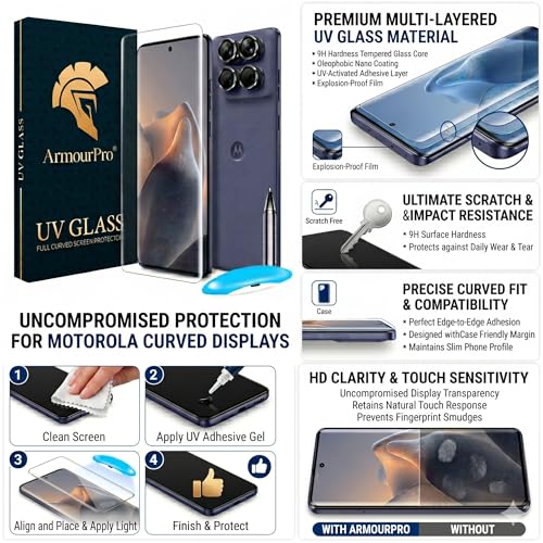 Image of ArmourPro UV Tempered Glass for Motorola Edge 60 Fusion 5G with Black Camera Ring Guard Combo, Crystal Clear Screen Protector, Case Friendly, Anti-Scratch, Bubble-Free Installation Kit