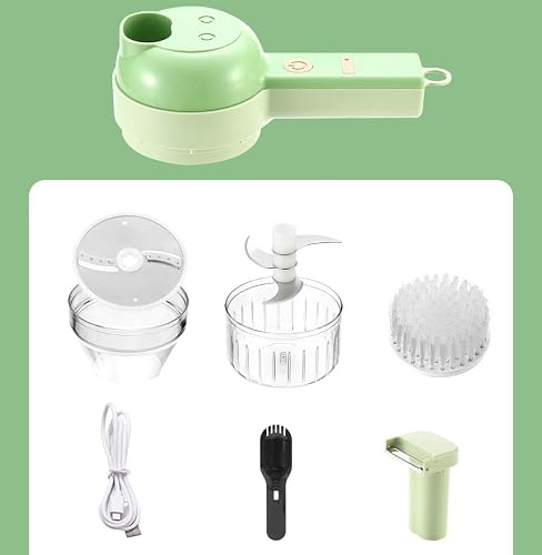 4-in-1 Electric Food Chopper with Slicer, Mincer and Peeler | USB Rechargeable, Multiple Attachments, Cleaning Brush Included, Compact Handheld Design, Vegetable and Fruit Use