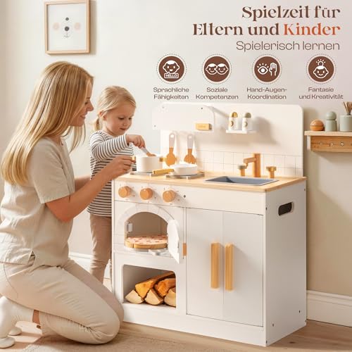 Foto von ROBUD Spielküche Holz für Kinder, Pizzaofen Kinderküche mit Kochgeschirr & Pizzaschneider-Zubehör, Realistischem Wasserhahn, Rollenspiel Geschenk für Jungen Mädchen ab 3 Jahren
