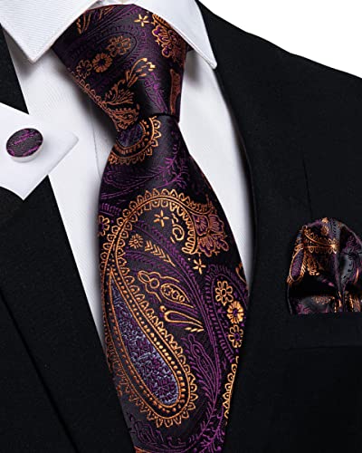 Image of DiBanGu Mens Paisley Tie Set Silk Woven Jacquard Necktie and Pocket Square Cufflinks Gift Set for Wedding Bussiness