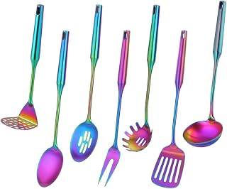 7 Pcs Round Handle Cooking Utensil Set, 304 Stainless Steel Rainbow Titanium Plated Cookware Sets with Public Fork/Spoon, Potato Mashers, Slotted Spatula, Soup Ladle, Pasta Server, Kitchen Tool Gadget
