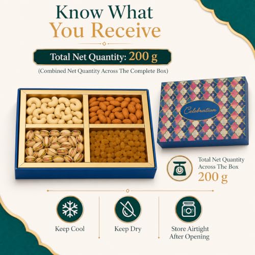 Image of Leeve Diwali Dry Fruit Gift Box, Assorted Nuts, 200 g X 5 | 4-section fancy celebration hamper with assorted nuts for family, friends, colleagues, clients and festive occasions