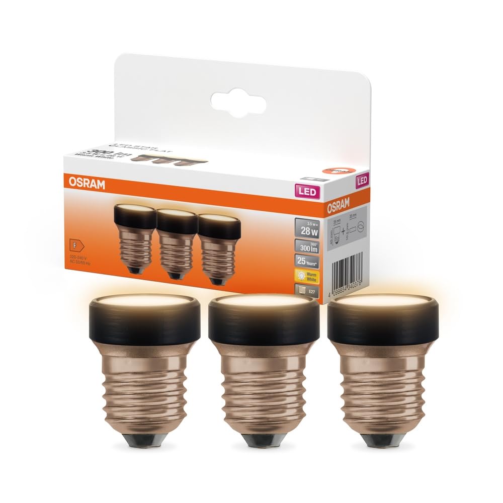 Osram LED Flat Lamp, Advantage Pack of 3 Ultra-Compact Lamps, Replaces Classic 28W Bulbs, 3.5W, Warm White (2700K), Matte Glass, E27