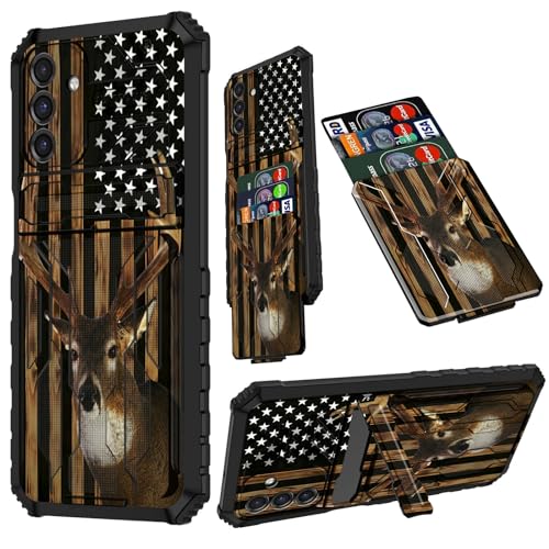 RAUEDWDJS for Samsung Galaxy A15 5G Wallet Case with Kickstand,Military Grade Heavy-Duty Drop Protection with Slide Detachable Card Holder for Galaxy A15 5G 6.4 inch,American Flag Deer