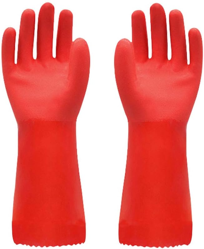 UXUAN Rubber Cleaning Gloves Cotton Lined Dishwashing Gloves Kitchen Waterproof Latex Household Gloves (Red,1 Pair)