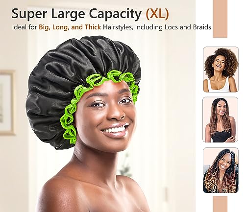 mikimini Large Black Shower Cap for Women and Men Reusable Waterproof XL Shower Hats for Thick Long Hair Black Bath Caps with Green Edge - Image 3