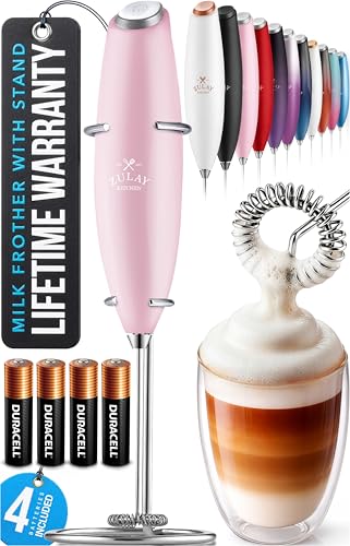 Image of Zulay Kitchen Powerful Milk Frother Wand With Duracell Batteries - Ultra Fast Handheld Drink Mixer - Electric Whisk Foam Maker for Coffee, Lattes, Cappuccino & Matcha - Z1 Motor - Cotton Candy