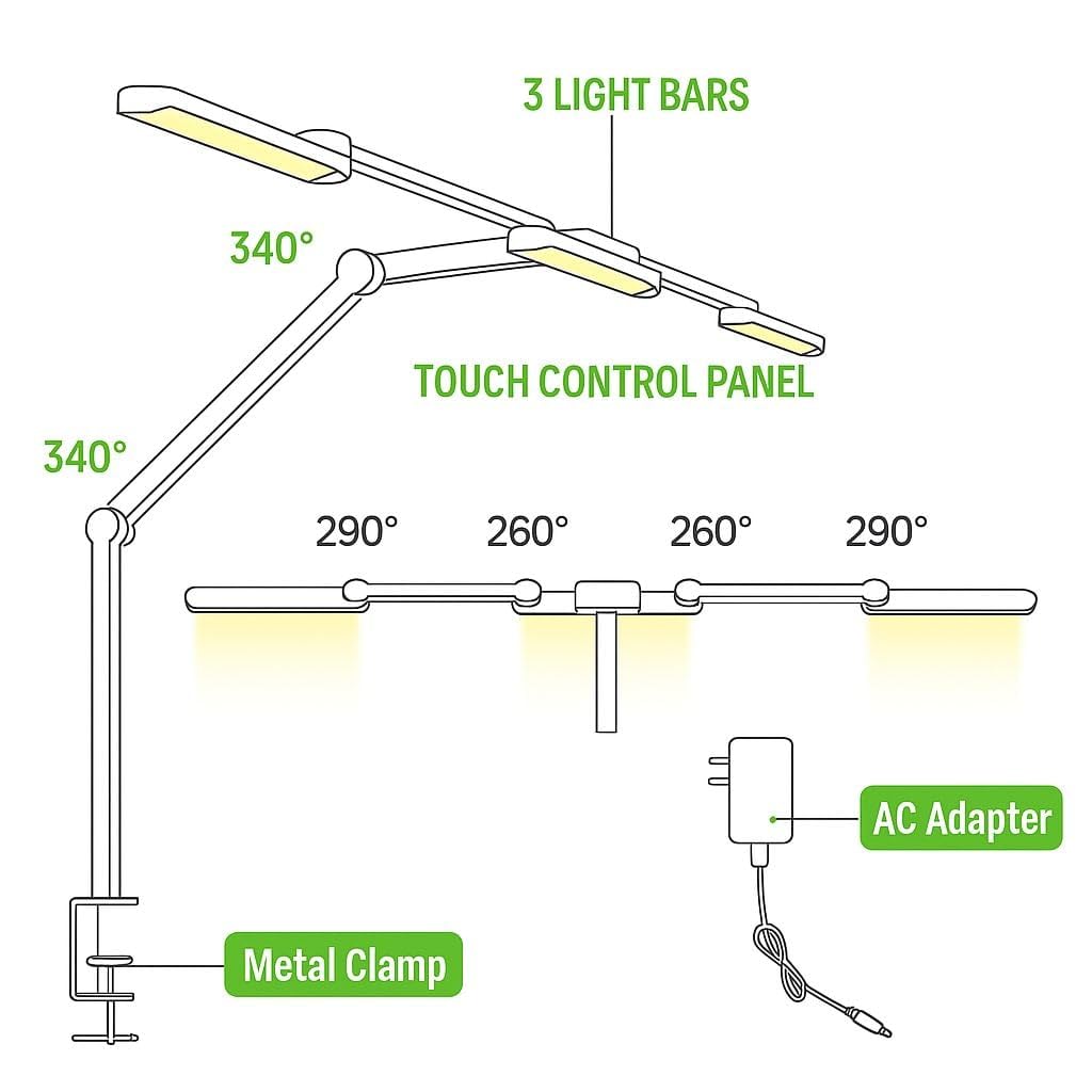 Techly 622724 Lampada LED a Tripla Sorgente Luminosa con Braccio Regolabile e Attacco a Morsetto Nero