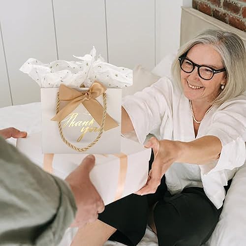 Miniatura 6 de TKSBAG Paquete de 50 pequeñas bolsas de regalo de agradecimiento con asas, 5.5 x 2.5 x 4.7 pulgadas, mini bolsas de regalo blancas a granel para