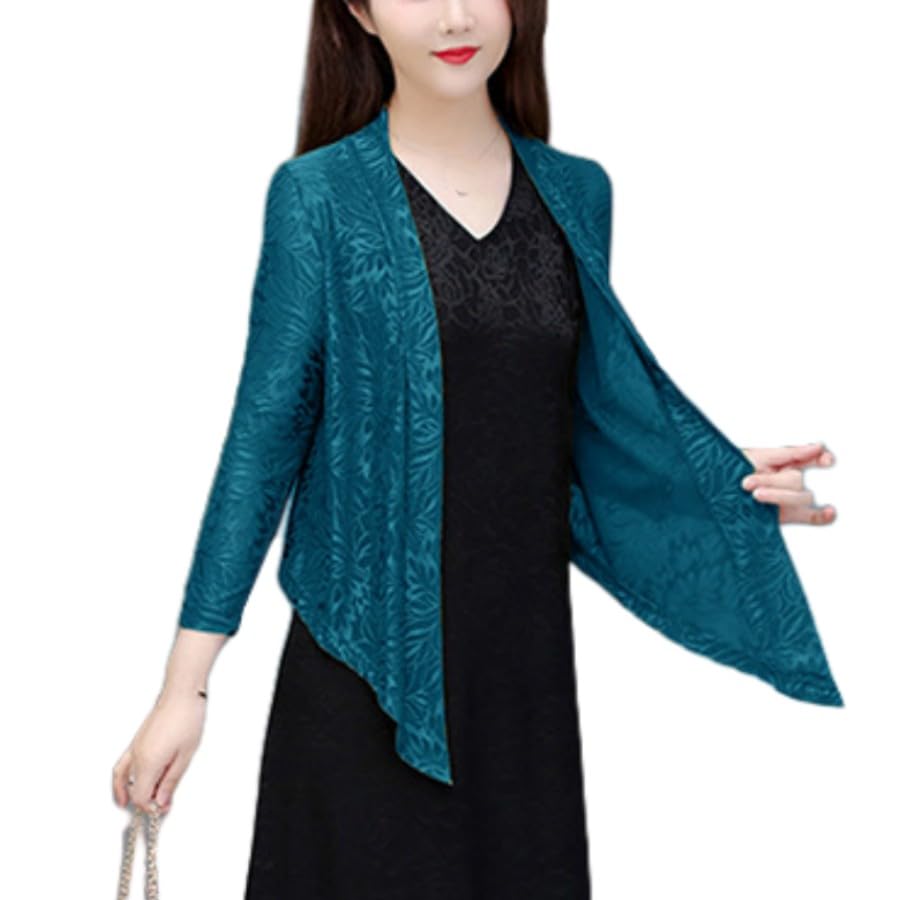 Bolero Mujer,Bolero De Encaje para Mujer, para Vestidos De Mediana Edad y Mayores, Abierto Al Frente, Manga Larga, Floral, Transparente, Cárdigan Corto, Elegante para Verano, para Cubrirse En Azul