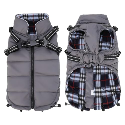 babepet Warm Pet Dog Coats with Harness,Waterproof Small Dog Jacket Coat,winter Dogs Clothes with Chest Strap,Zip Up Puppy Coat for Outdoor Walking-Grey-L