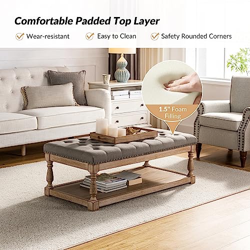 Hulala Home Rectangle Ottoman Coffee Table With Tray, Large Tufted Fabric Coffee Table With Wood Shelf Storage thumb #3