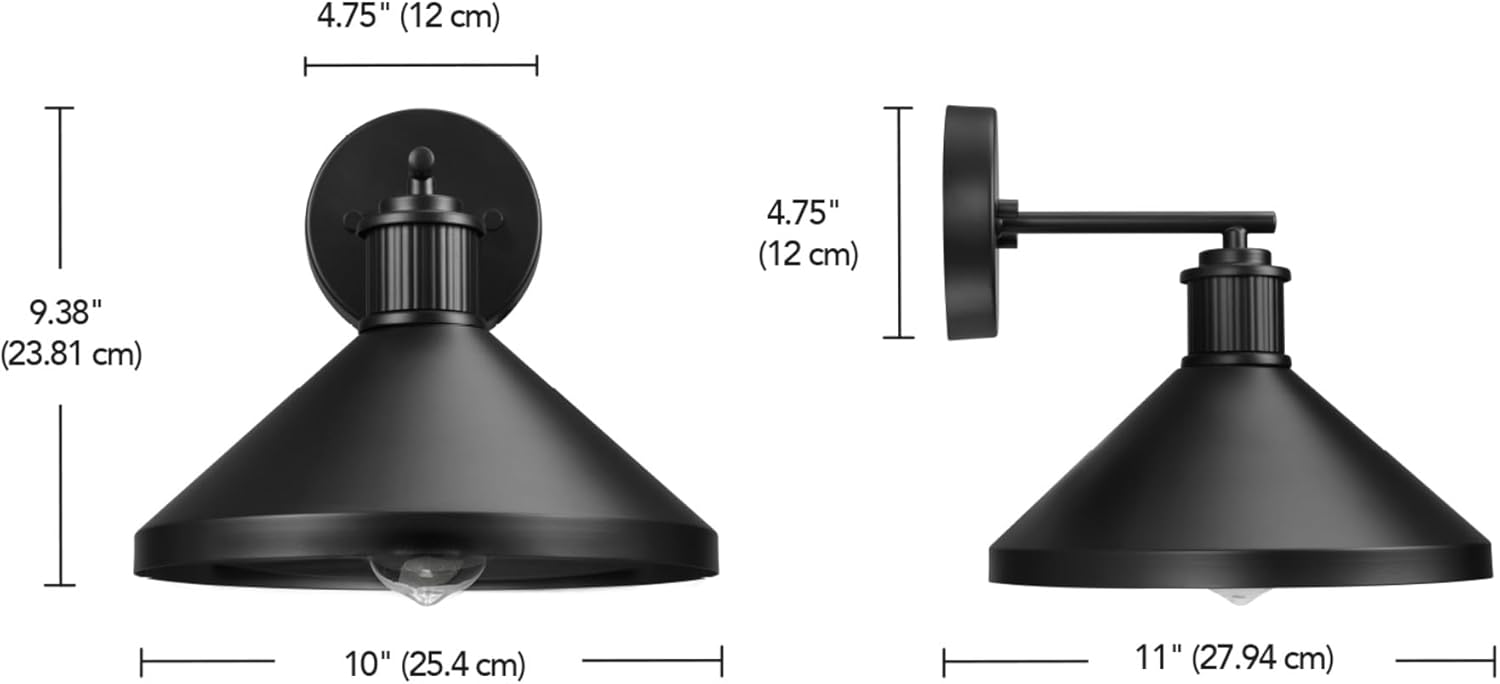 Diagram showing the dimensions of the Globe Electric Harlo Outdoor Wall Sconce: 9.38 inches (23.81 cm) height, 10 inches (25.4 cm) shade diameter, 11 inches (27.94 cm) projection from wall, 4.75 inches (12 cm) wall plate diameter.