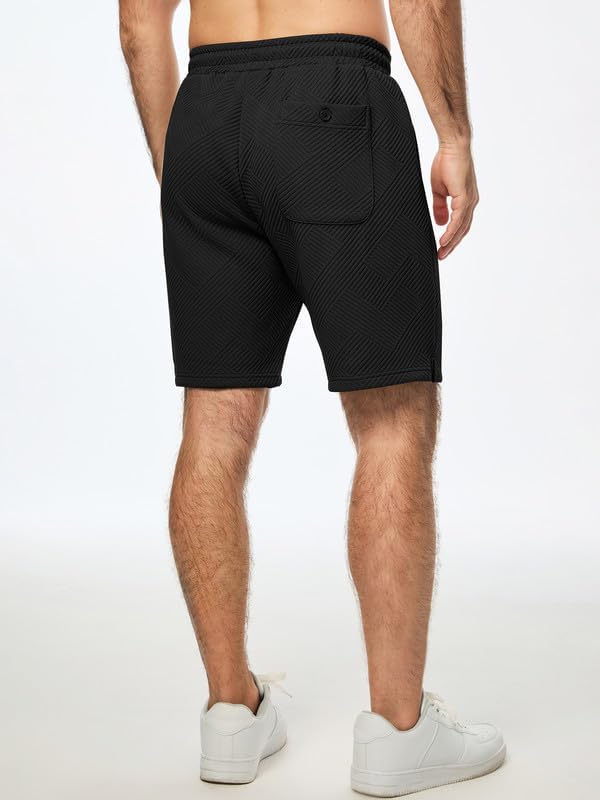 Mens Shorts Casual Elastic Waist Drawstring Geometric Texture Short Summer Beach Vacation Shorts with Pockets - Image 2