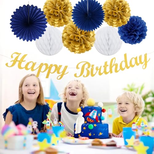 Image of Navy-Blue Gold Birthday Party-Decorations Paper-Flowers - 14pcs Happy Banner Royal Lanterns Tissue Pom Poms,Men Streamers Garland Fans Honeycomb,Teen Boys Male Kids Hanging Supplies Decor Hugfond