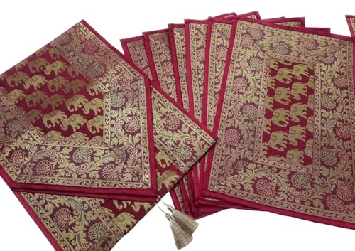 Image of Diwali Room Decor Silk Table Runner Placemats Tea Coaster Set for Living Room 4 to 6 Seater Dinning Table Table Mat Set Centre Table Top Decor Pack of 13 Pcs (Maroon)