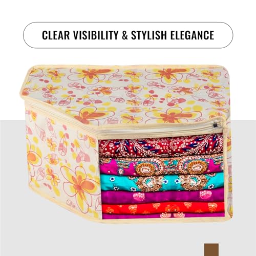 Image of Urbane Home Blouse Cover | Clothes Storage Bag | Zipper Wardrobe Organizers | Non-Woven Clothes Organiser | Side Transparent Blouse Organizer | Red Flower-Design | Pack of 9 | Ivory
