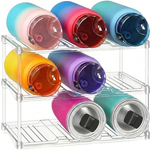 Lifewit Stackable Bottle Storage Organizer, Clear Freestanding Wine Holder for Cabinet, Large Slot Water Bottle Tumbler Cup Organizer for Pantry, Plastic Wine Rack for Fridge Cellar, 3Tier Hold 9