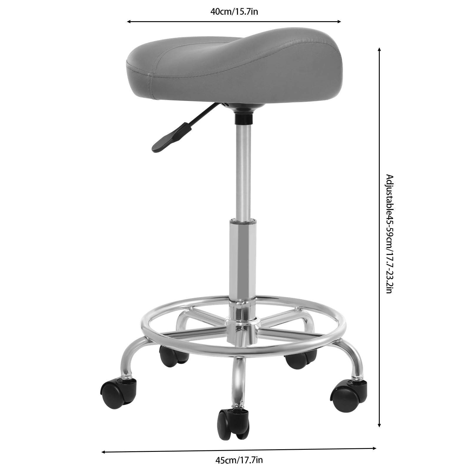 Sgabello da sella ergonomico, girevole a 360°, con rotelle larghe, regolabile in altezza, per salone di bellezza, spa e ufficio, grigio