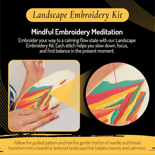 Image of Unwynd Embroidery Kit Landscape Theme for Beginners, Satin Stitch Hand Embroidery Kit for Adults, DIY Valentine's Day Gift with Mountain Sun Pattern