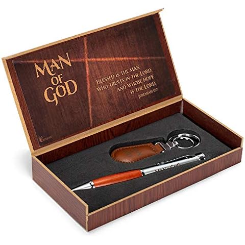 Dicksons Man of God 2 Piece Metal Woodgrain Ballpoint Pen and Leatherette Keychain Gift Boxed Set Cover