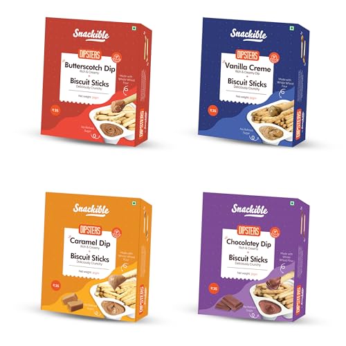 Image of Snackible Assorted Mini Dipsters - (Pack of 12)| 4 Unique Flavours | Chocolatey, Butterscotch, Caramel, Vanilla Creme | No Palm Oil | No Refined Sugar | Sweetened with Jaggery | Baked | Healthy Snack | Chip and Dip Combo | Made with Whole Wheat | Travel Friendly