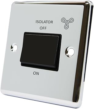 Polished Chrome Classical Fan Isolator Switch Black Insert Plastic Rocker Switch - 10 Amp 3-Pole Fan Isolator Switch