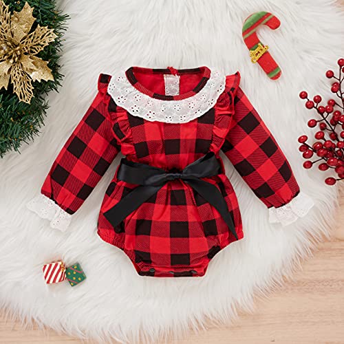 Pasgeboren Baby Meisjes Rompers Kerst Clothings Rood Geruite Gedrukt Knop Decro Jumpsuits en Zwarte Tailleband Peuter Outfits, Rood, 6-9 Maanden - Afbeelding 3