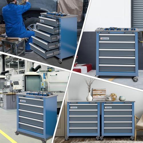 Image of LARBANKE 5-Drawer Rolling Tool Chest with Stainless CounterTop,Tool Chest with Keyed Locking System, with Wheels and Foot Pads,Rolling Tool Cabinet with Drawer Liners,Unique Link Buckle for Connecting | Secure Locking System, 360 Wheels and Padded Feet, Unique Link Buckle for Connecting, For Home, Garage and Office