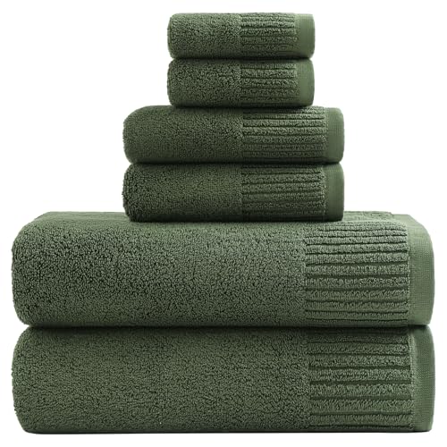 YTYC Bath Towels Set of 6 100% Cotton 650GSM Ultra Soft Highly Absorbent 2 Bathroom Towels 27.5x55 Inches 2 Hand Towels 2 Washcloths Perfect for Bathroom Gym Spa Olive Green