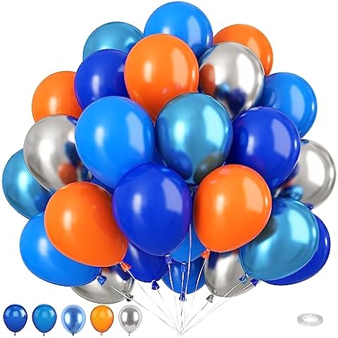 Blue and Orange Balloons, 50 Pcs 12 Inch Orange Royal Blue Metallic Silver Balloons with Ribbons for Birthday Party Wedding Baby Shower Graduate Decorations Cover