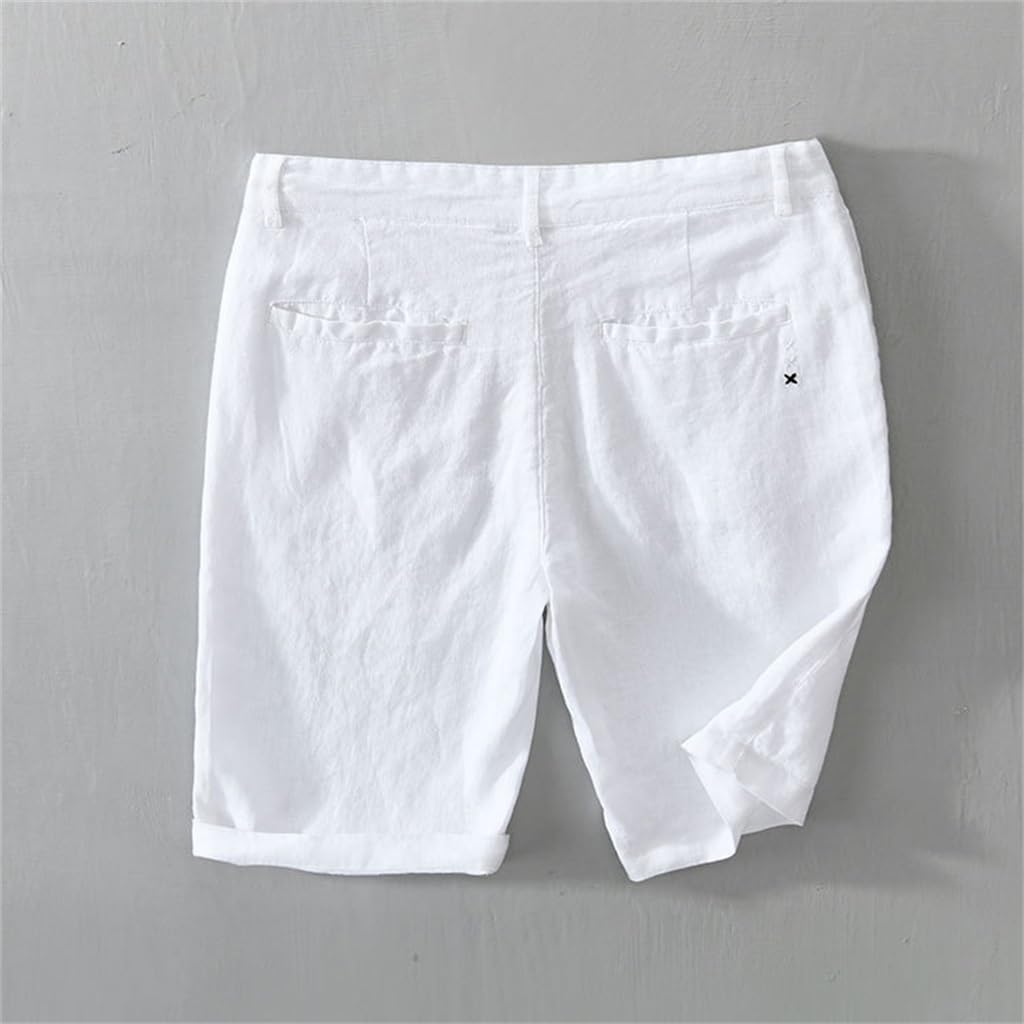 Linen Beach Shorts Men's Business Casual Straight Pocket Zipper Working Knee-Length Pants