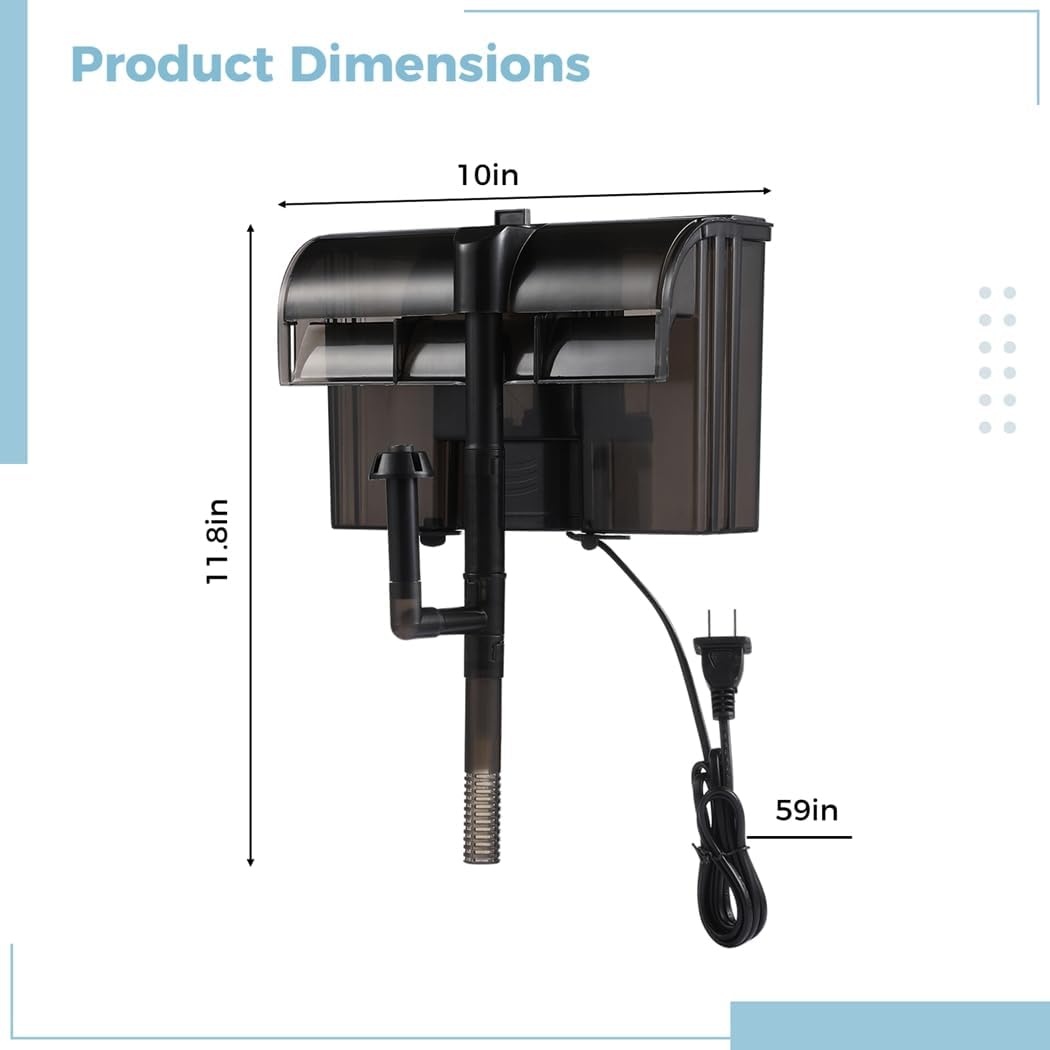 Double Waterfall Hang-On Fish Tank Filter with 2 Filter Sponges & 2 Activated Carbon Filter Plates, 158Gph Suspension Oxygen Aquarium Filter with Surface Skimmer, Aquarium Power Filter