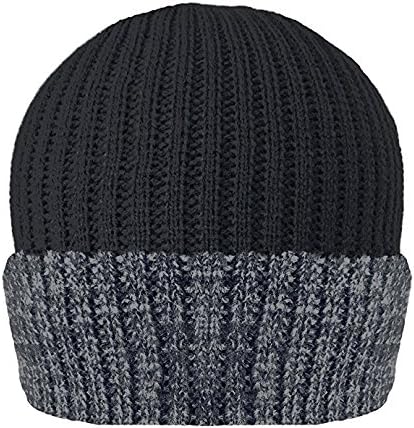Mens Knitted Turn Up Thinsulate Thermal Winter Hat Black With Grey Trim (40g) Thinsulate