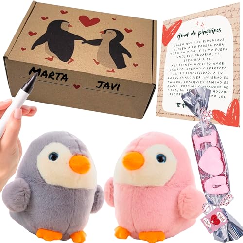 Regalo Pareja | Peluches Pingüino con Carta de Amor y Caja Decorada | Regalos Originales para Aniversario Pareja | Regalos Personalizados para Enamorados o San Valentín