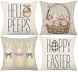 Happy Easter Throw Pillow Covers 18x18 Set of 4 Bunny Hello Peeps Eggs Spring Home Decor for Couch