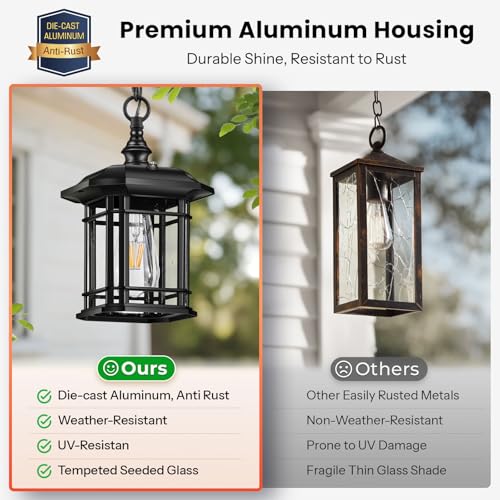 Image of Gleamz Dusk to Dawn Outdoor Pendant Lights for Porch, Black Hanging Exterior Light, Outside Chandelier with Adjustable Chain, Outdoor Hanging Lights for House, Doorway, Easy Installation, 1 Pack