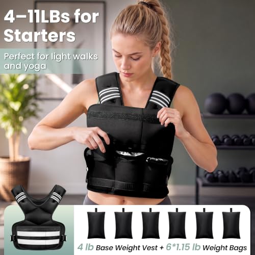 Image of Adjustable Weighted Vest for Women and Men, 4-11lb /11-18lb /20-32lb Vest | Removable Weight Vest with 6 Weights, Storage Phone Pocket, Reflective Stripes, for Walking, Running and Strength Training