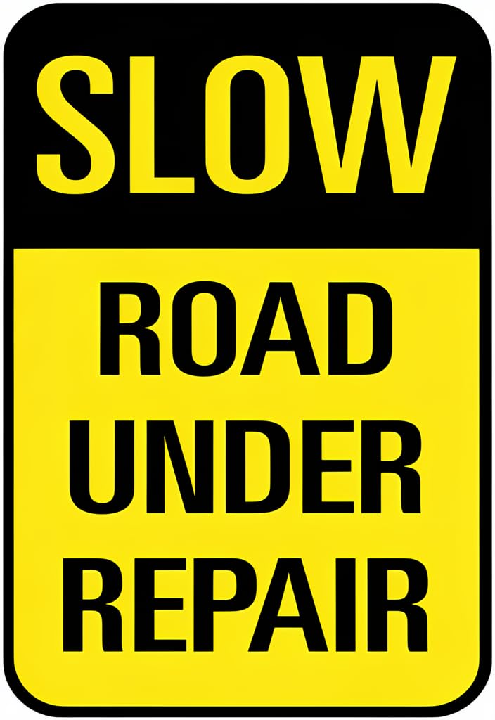 peiyeety SLOW Road Under Repair Tin Sign 12x8 Inch, Yellow & Black Metal Wall Decor Plaque, Vintage Traffic Warning Style Sign for Garage Workshop Man Cave Home Decor Gift