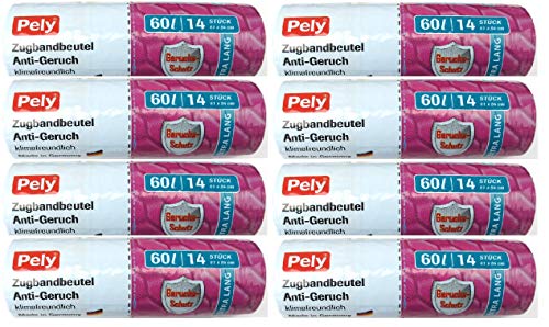 Preisvergleich Produktbild 112 Stück extra Lange Zugband Müllbeutel (60 Liter), optimal für schlanke Mülleimer wie Wesco Pushboy Kickmaster und viele andere