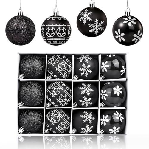 LIHAO 12 PCS Weihnachtskugeln Christbaumkugeln Schwarz Christbaumschmuck Weihnachtsbaumschmuck Anhänger für Weihnachten Weihnachtsbaum Dekoration (6cm)