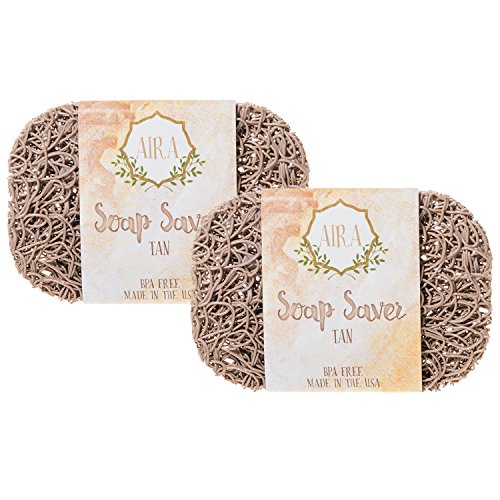 Aira Soap Saver - Soap Dish & Holder - BPA Free Shower & Bath Accessory - Drains Water, Circulates Air - Easy to Clean, Fits All Sets - Tan Double Pack