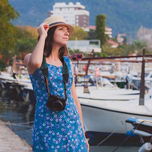 Padwa Mystic Green Embroidered Camera Strap - Double Layer Cowhide Ends,2" Pure Cotton Woven Camera Straps, Adjustable Vintage Neck & Shoulder Strap For All Dslr Cameras,Great Gift For Photographers #TOP3