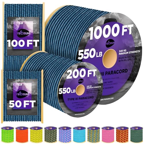 Image of TECEUM Reflective Paracord Rope 1000 - 1000ft /200ft /100ft /50ft - 40+ Colors - Glow in the Dark - para Cord - Utility Rope for Survival, Hunting & Camping Gear - Nylon String, Camping Rope, Tent Cord