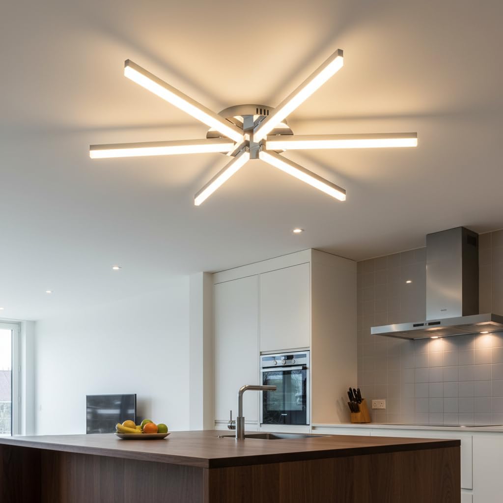 Trango 6 Flammen Sternförmig modern Design LED-Deckenleuchte 3154 Serie *STRAIGHT* 3-Stufen dimmbar I Leuchtarmen schwenkbar I Deckenstrahler 6x 5 Watt LED Modul 3000K warm-weiß Nickel matt & Chrom