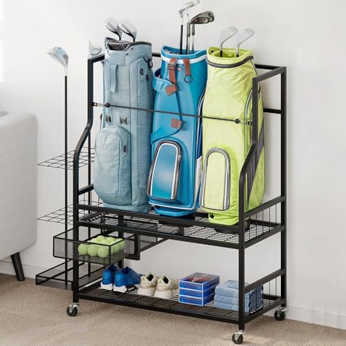 DWVO Golf Bag Organizer - Stylish Wooden Storage Cabinet for Garage & Home, Holds 2 Golf Bags with Turf Mat Protection