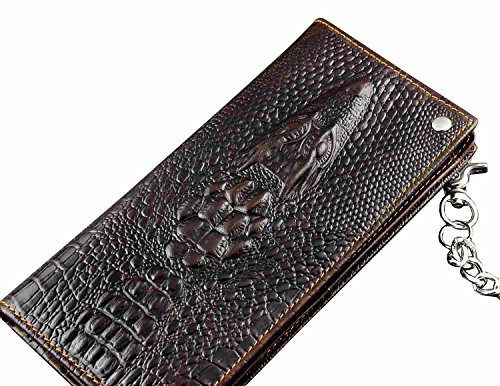 Mens Long Crocodile Head Motorcycle Punk Leather Wallet With A Biker Chain L73 Brown #TOP1