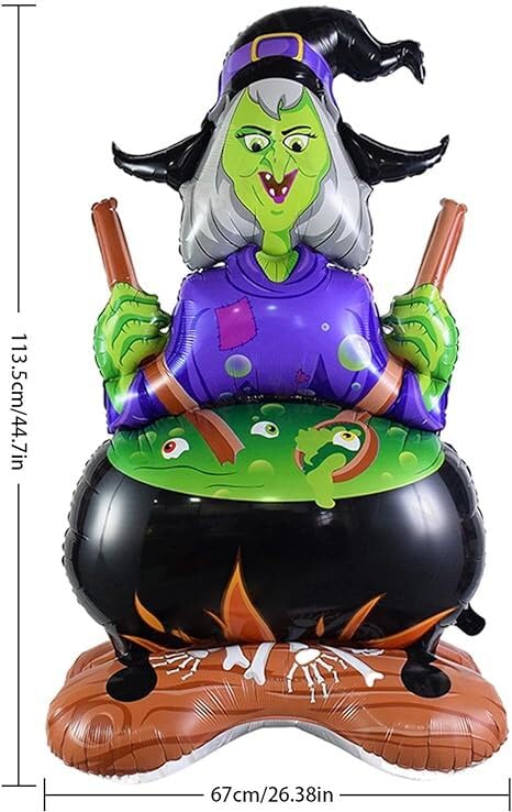 Image of AMFIN (Pack of 1) Self Standing Halloween Witch Cauldron Foil Balloon - 44 Inch Large Inflatable Witch with Cauldron Decoration -Multi