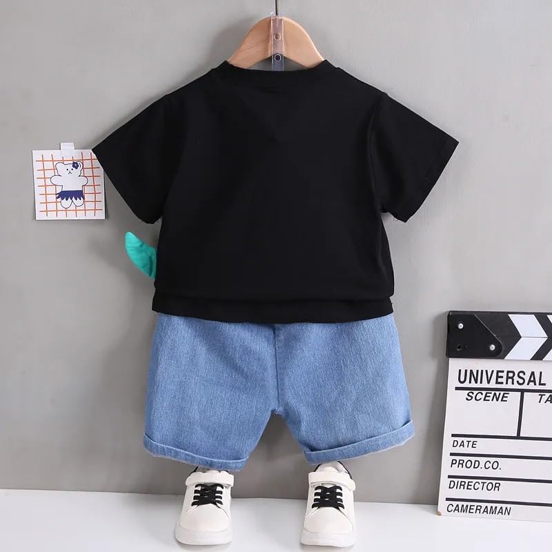 Image of Googo Gaaga Cotton T-shirt with Bottom Folded Denim Shorts - Clothing Set for Baby Boys | Toddlers | Half Sleeves | Cute Dinosaur Cartoon Printed | Round Neck | Dress for Kids